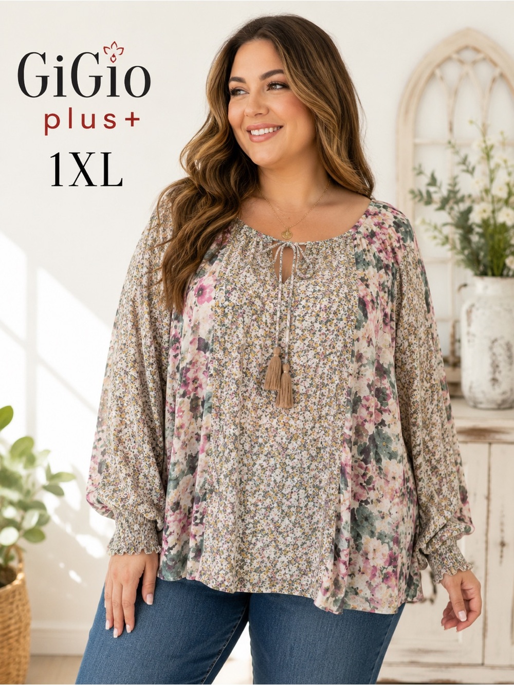 GiGio Plus 1XL Boho Floral Dolman Sleeve Tassel Tie Blouse Semi Sheer